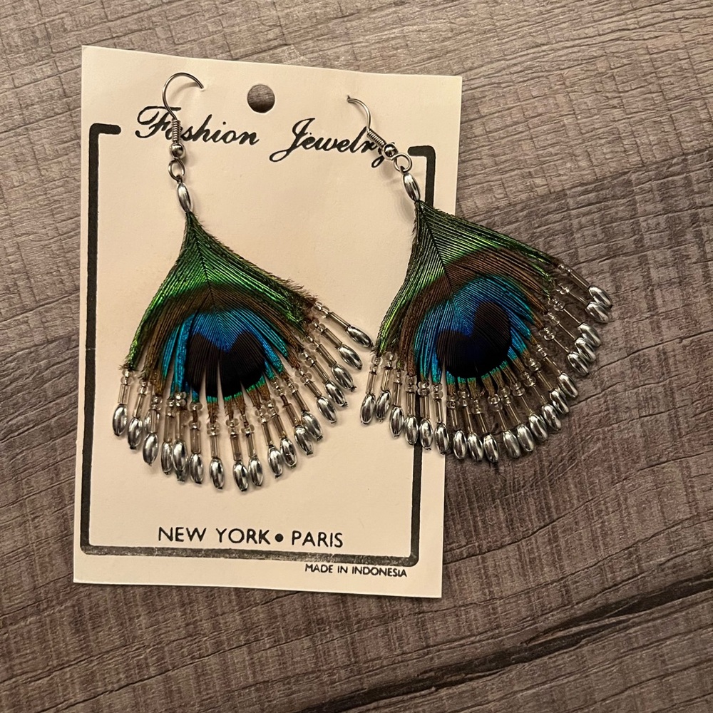 3” peacock feather earrings with silver bead accents
